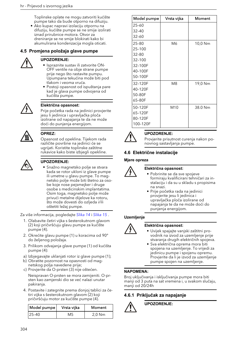 5 promjena položaja glave pumpe, 6 električne instalacije, 1 priključak za napajanje | Promjena, Položaja glave pumpe | Xylem ECOCIRC XL & XLplus User Manual | Page 304 / 404