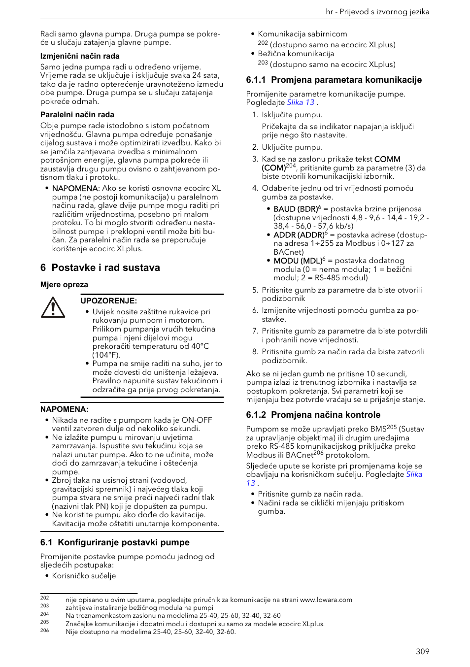 6 postavke i rad sustava, 1 konfiguriranje postavki pumpe, 1 promjena parametara komunikacije | 2 promjena načina kontrole | Xylem ECOCIRC XL & XLplus User Manual | Page 309 / 404