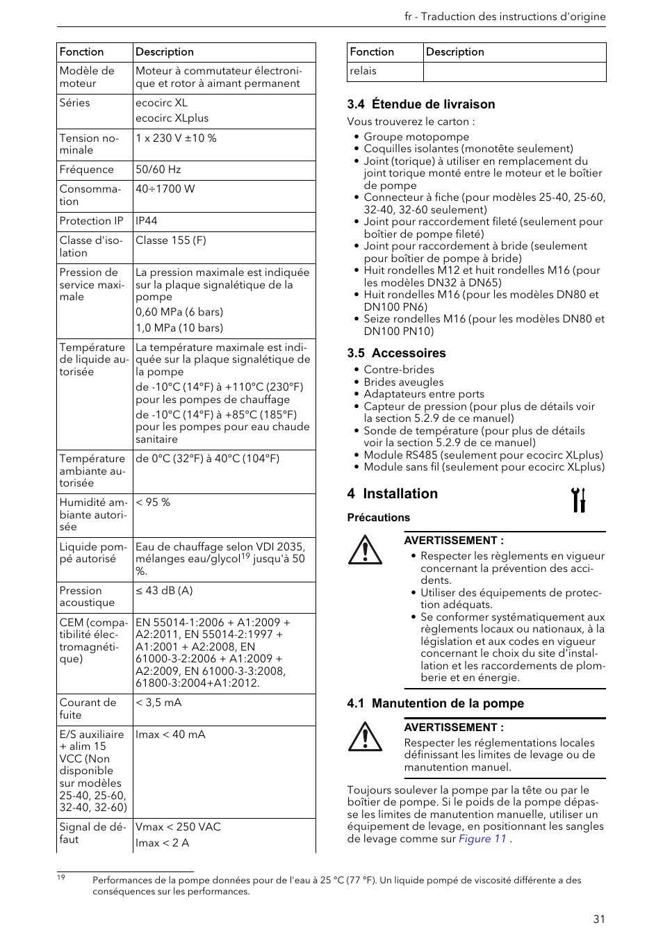 4 étendue de livraison, 5 accessoires, 4 installation | 1 manutention de la pompe | Xylem ECOCIRC XL & XLplus User Manual | Page 31 / 404