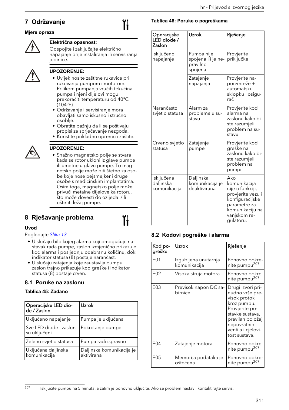 8 rješavanje problema, 1 poruke na zaslonu, 2 kodovi pogreške i alarma | 7 održavanje | Xylem ECOCIRC XL & XLplus User Manual | Page 311 / 404