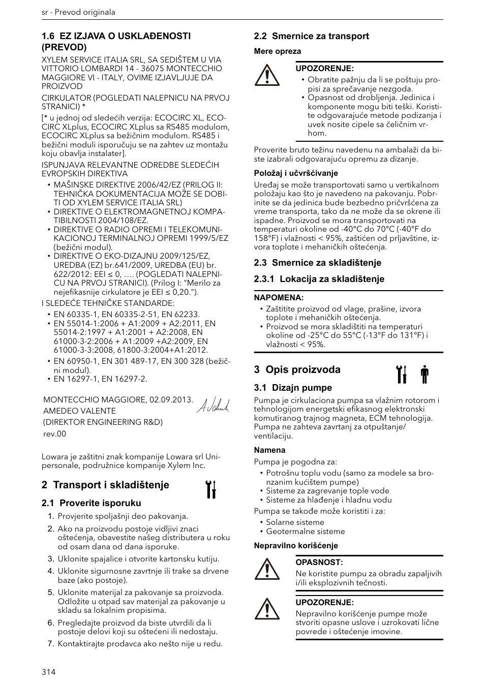 6 ez izjava o usklađenosti (prevod), 2 transport i skladištenje, 1 proverite isporuku | 2 smernice za transport, 3 smernice za skladištenje, 1 lokacija za skladištenje, 3 opis proizvoda, 1 dizajn pumpe | Xylem ECOCIRC XL & XLplus User Manual | Page 314 / 404