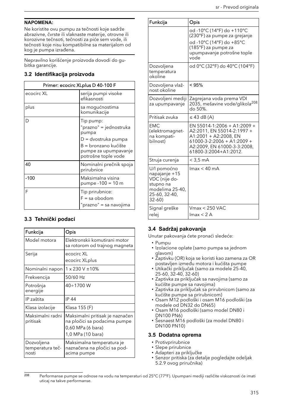 2 identifikacija proizvoda, 3 tehnički podaci, 4 sadržaj pakovanja | 5 dodatna oprema | Xylem ECOCIRC XL & XLplus User Manual | Page 315 / 404