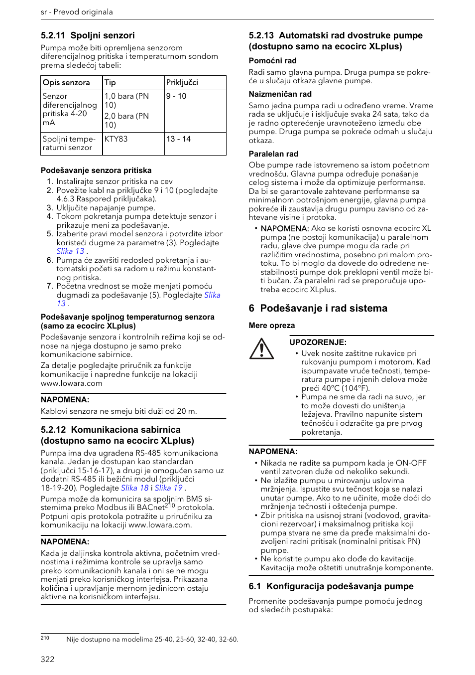 11 spoljni senzori, 6 podešavanje i rad sistema, 1 konfiguracija podešavanja pumpe | Xylem ECOCIRC XL & XLplus User Manual | Page 322 / 404