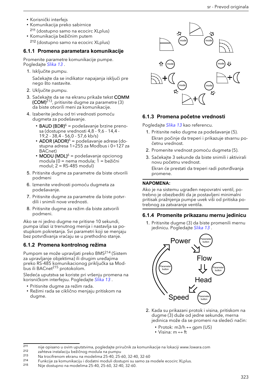 1 promena parametara komunikacije, 2 promena kontrolnog režima, 3 promena početne vrednosti | 4 promenite prikazanu mernu jedinicu, Power speed head flow | Xylem ECOCIRC XL & XLplus User Manual | Page 323 / 404