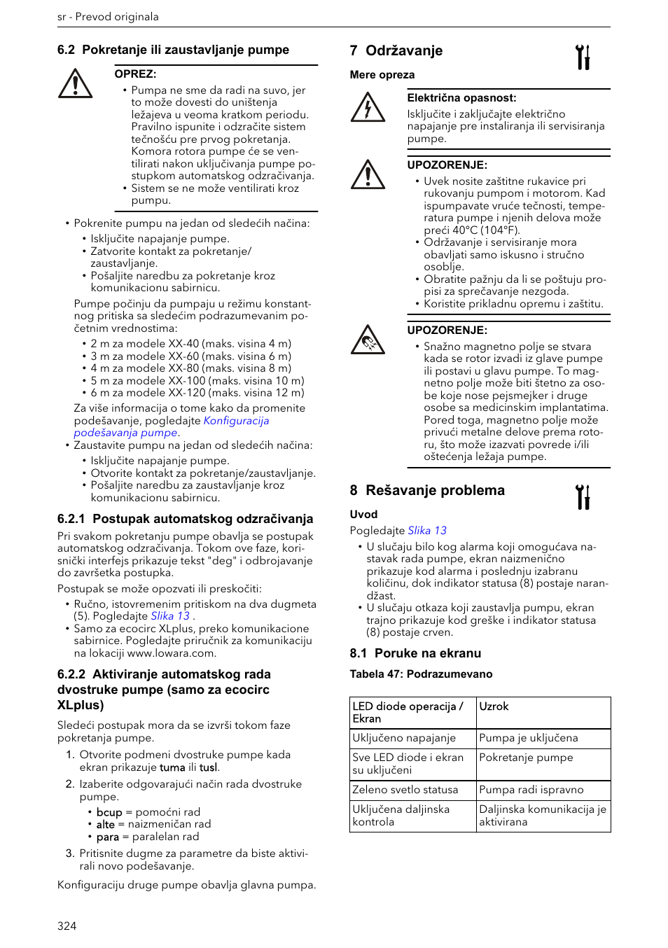 2 pokretanje ili zaustavljanje pumpe, 1 postupak automatskog odzračivanja, 7 održavanje | 8 rešavanje problema, 1 poruke na ekranu | Xylem ECOCIRC XL & XLplus User Manual | Page 324 / 404