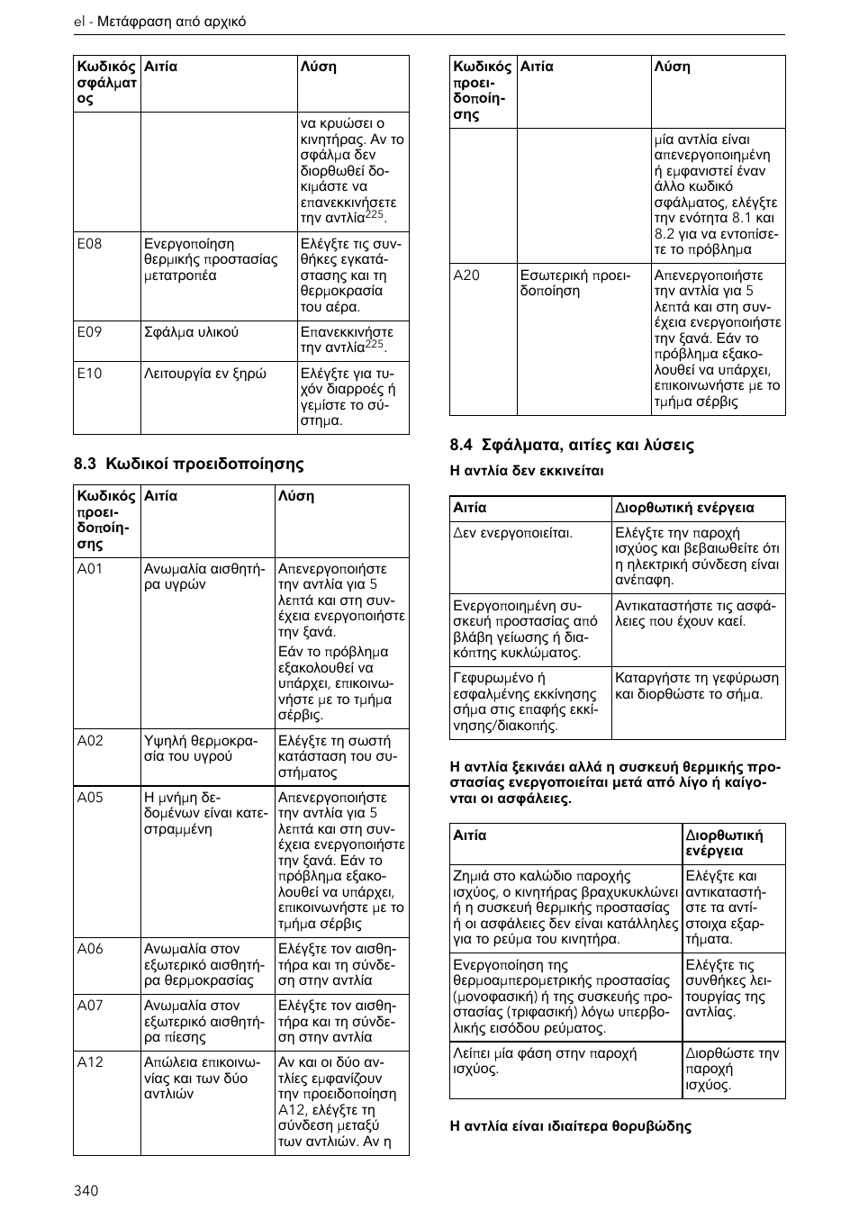 3 κωδικοί προειδοποίησης, 4 σφάλματα, αιτίες και λύσεις | Xylem ECOCIRC XL & XLplus User Manual | Page 340 / 404