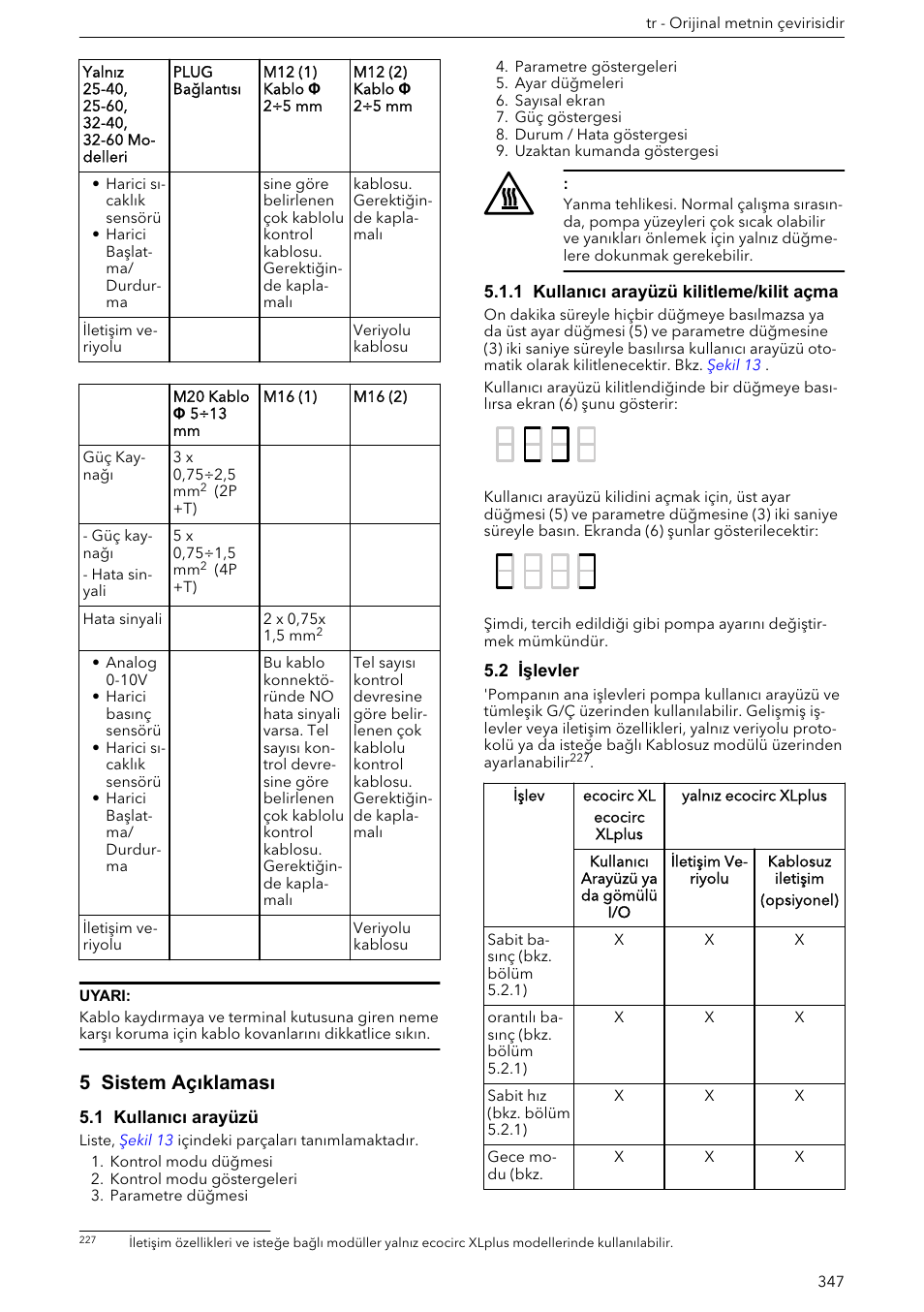 5 sistem açıklaması, 1 kullanıcı arayüzü, 1 kullanıcı arayüzü kilitleme/kilit açma | 2 işlevler | Xylem ECOCIRC XL & XLplus User Manual | Page 347 / 404