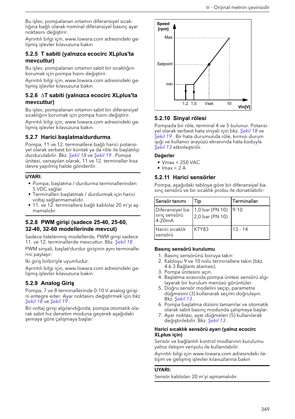 5 t sabiti (yalnızca ecocirc xlplus'ta mevcuttur), 6 ∆t sabiti (yalnızca ecocirc xlplus'ta mevcuttur), 7 harici başlatma/durdurma | 9 analog giriş, 10 sinyal rölesi, 11 harici sensörler | Xylem ECOCIRC XL & XLplus User Manual | Page 349 / 404
