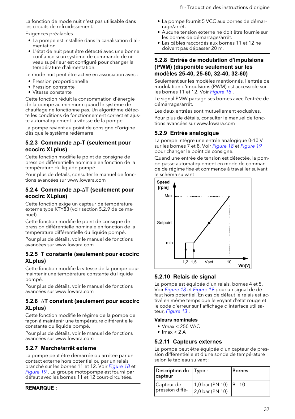 3 commande ∆p-t (seulement pour ecocirc xlplus), 4 commande ∆p-∆t (seulement pour ecocirc xlplus), 5 t constante (seulement pour ecocirc xlplus) | 6 ∆t constant (seulement pour ecocirc xlplus), 7 marche/arrêt externe, 9 entrée analogique, 10 relais de signal, 11 capteurs externes | Xylem ECOCIRC XL & XLplus User Manual | Page 37 / 404