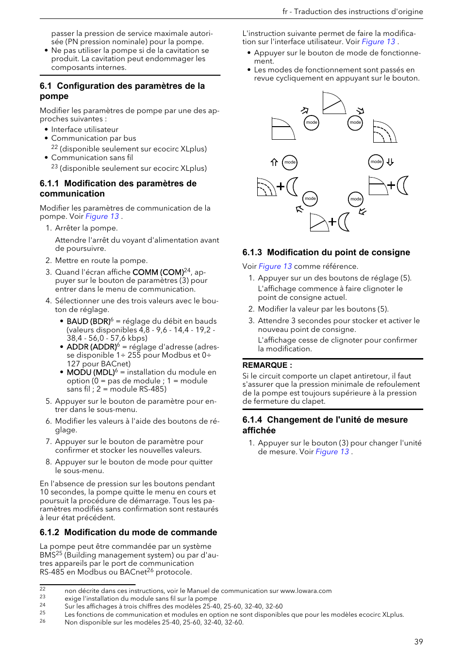 1 configuration des paramètres de la pompe, 1 modification des paramètres de communication, 2 modification du mode de commande | 3 modification du point de consigne, 4 changement de l'unité de mesure affichée | Xylem ECOCIRC XL & XLplus User Manual | Page 39 / 404