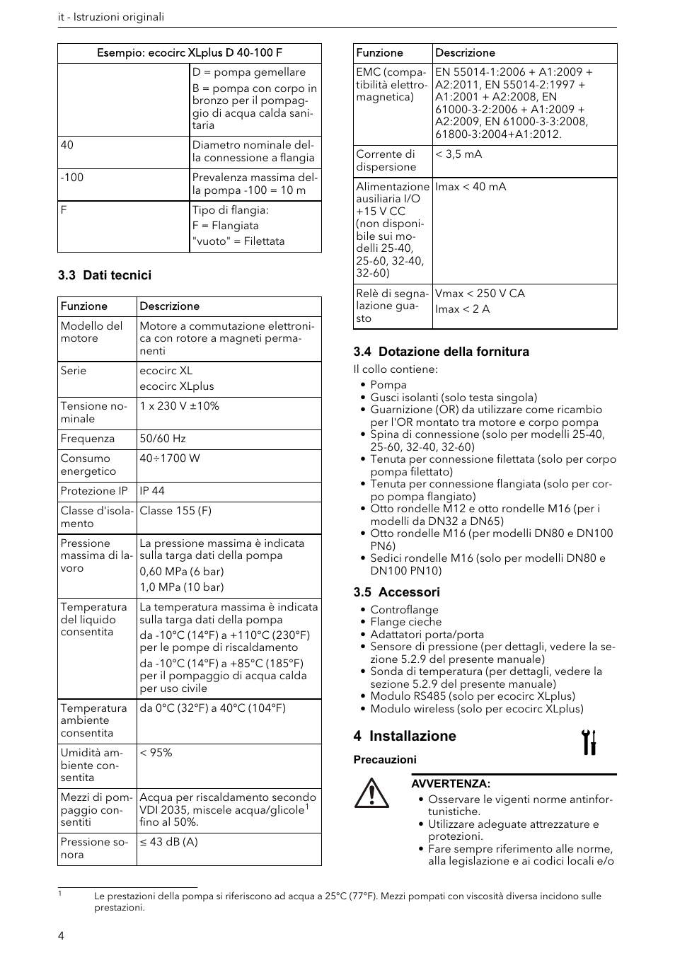3 dati tecnici, 4 dotazione della fornitura, 5 accessori | 4 installazione | Xylem ECOCIRC XL & XLplus User Manual | Page 4 / 404