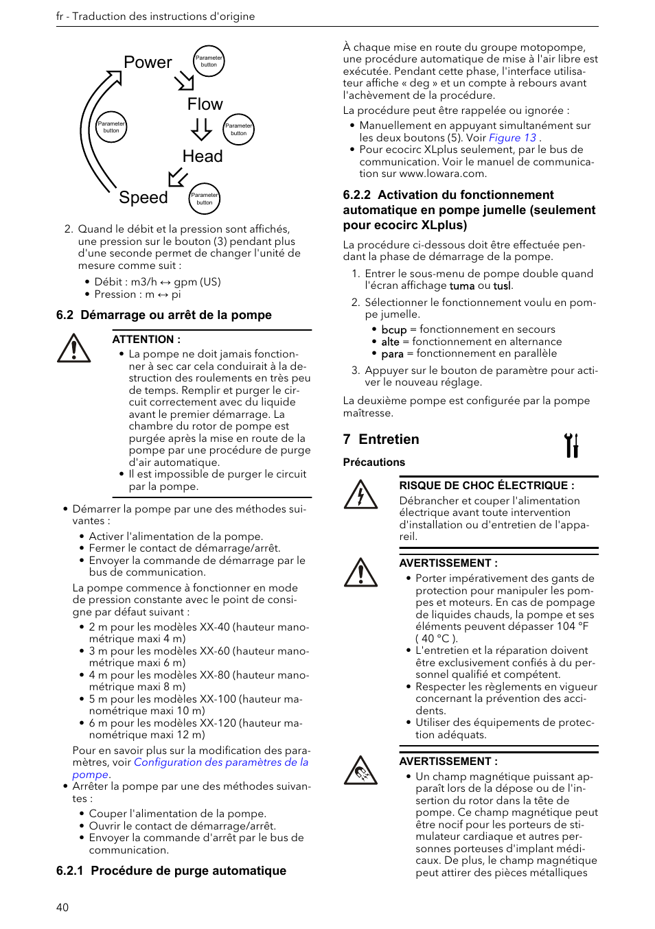 2 démarrage ou arrêt de la pompe, 1 procédure de purge automatique, 7 entretien | Power speed head flow | Xylem ECOCIRC XL & XLplus User Manual | Page 40 / 404