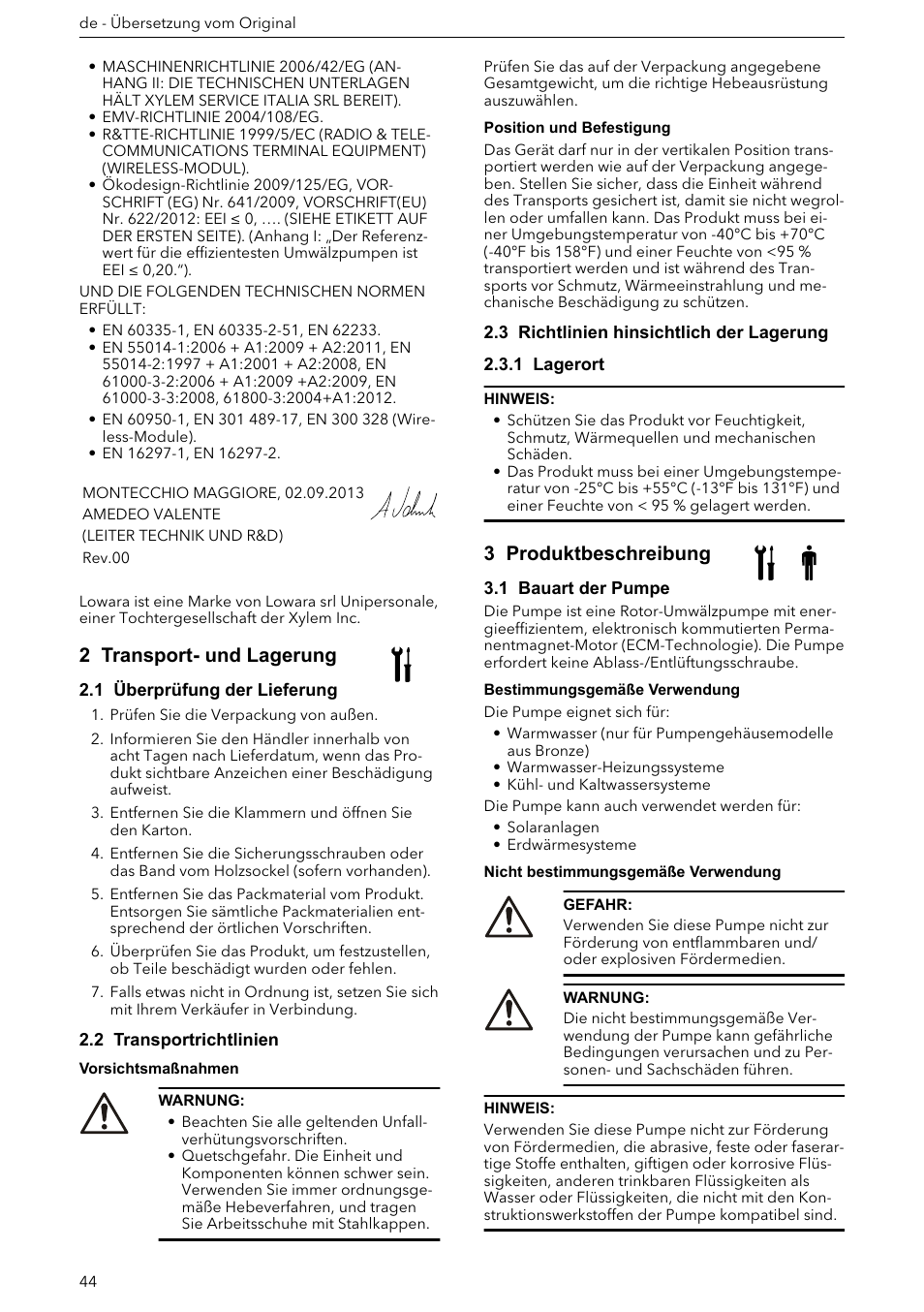 2 transport- und lagerung, 1 überprüfung der lieferung, 2 transportrichtlinien | 3 richtlinien hinsichtlich der lagerung, 1 lagerort, 3 produktbeschreibung, 1 bauart der pumpe | Xylem ECOCIRC XL & XLplus User Manual | Page 44 / 404