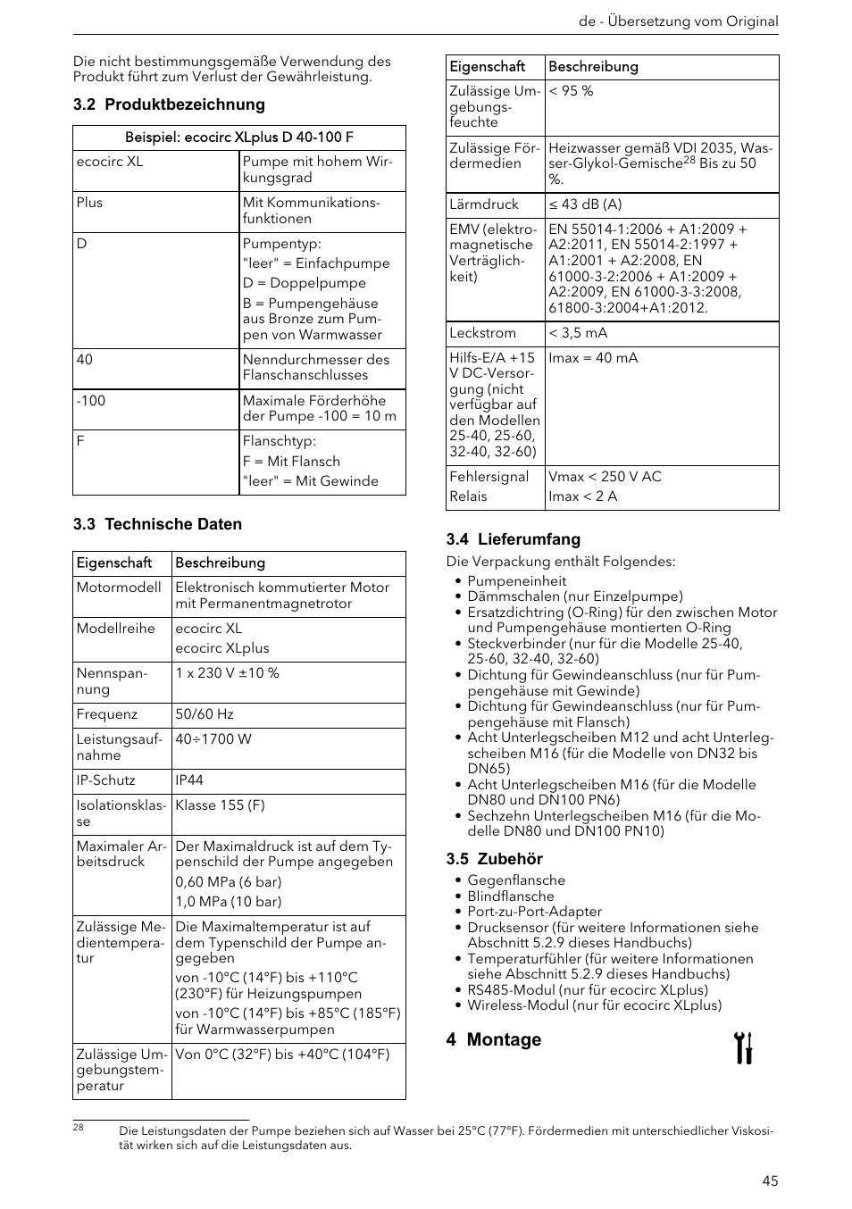 2 produktbezeichnung, 3 technische daten, 4 lieferumfang | 5 zubehör, 4 montage | Xylem ECOCIRC XL & XLplus User Manual | Page 45 / 404