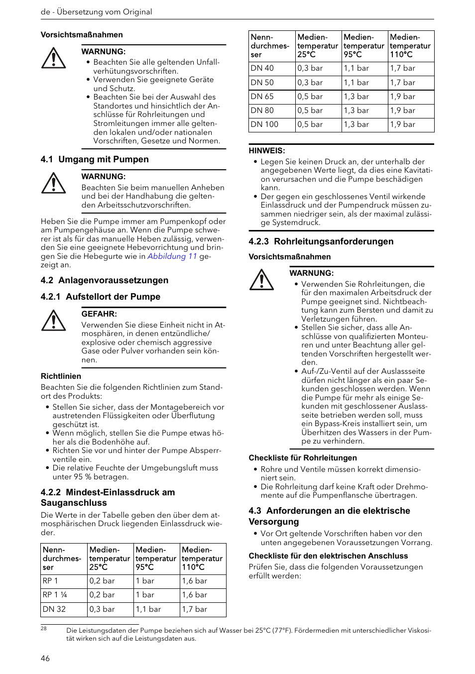1 umgang mit pumpen, 2 anlagenvoraussetzungen, 1 aufstellort der pumpe | 2 mindest-einlassdruck am sauganschluss, 3 rohrleitungsanforderungen, 3 anforderungen an die elektrische versorgung | Xylem ECOCIRC XL & XLplus User Manual | Page 46 / 404
