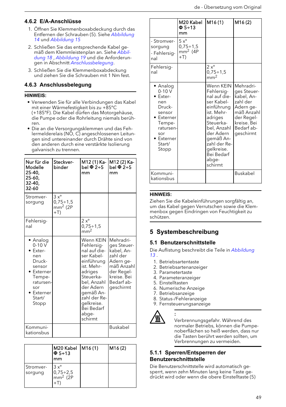 2 e/a-anschlüsse, 3 anschlussbelegung, 5 systembeschreibung | 1 benutzerschnittstelle, 1 sperren/entsperren der benutzerschnittstelle, Kabelanforderungen entnehmen sie bitte, Schlussbelegung | Xylem ECOCIRC XL & XLplus User Manual | Page 49 / 404