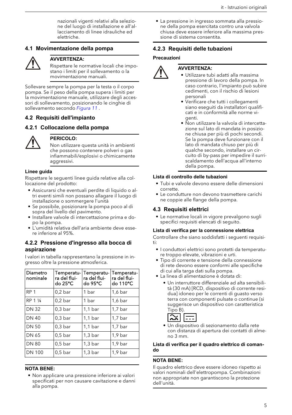 1 movimentazione della pompa, 2 requisiti dell'impianto, 1 collocazione della pompa | 2 pressione d'ingresso alla bocca di aspirazione, 3 requisiti delle tubazioni, 3 requisiti elettrici | Xylem ECOCIRC XL & XLplus User Manual | Page 5 / 404