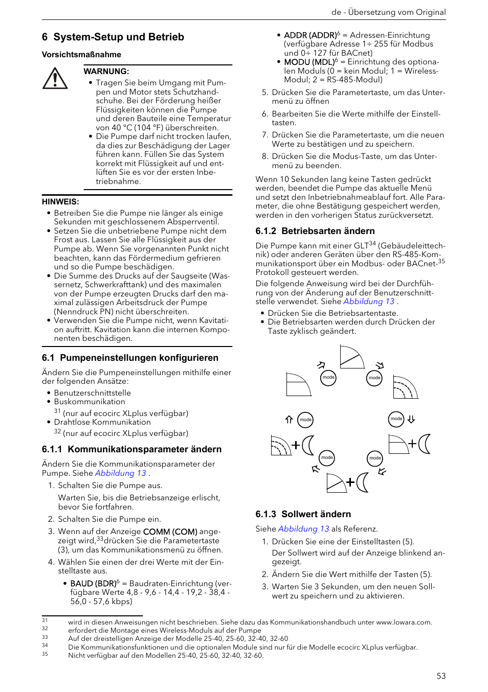 1 pumpeneinstellungen konfigurieren, 1 kommunikationsparameter ändern, 2 betriebsarten ändern | 3 sollwert ändern, 6 system-setup und betrieb | Xylem ECOCIRC XL & XLplus User Manual | Page 53 / 404