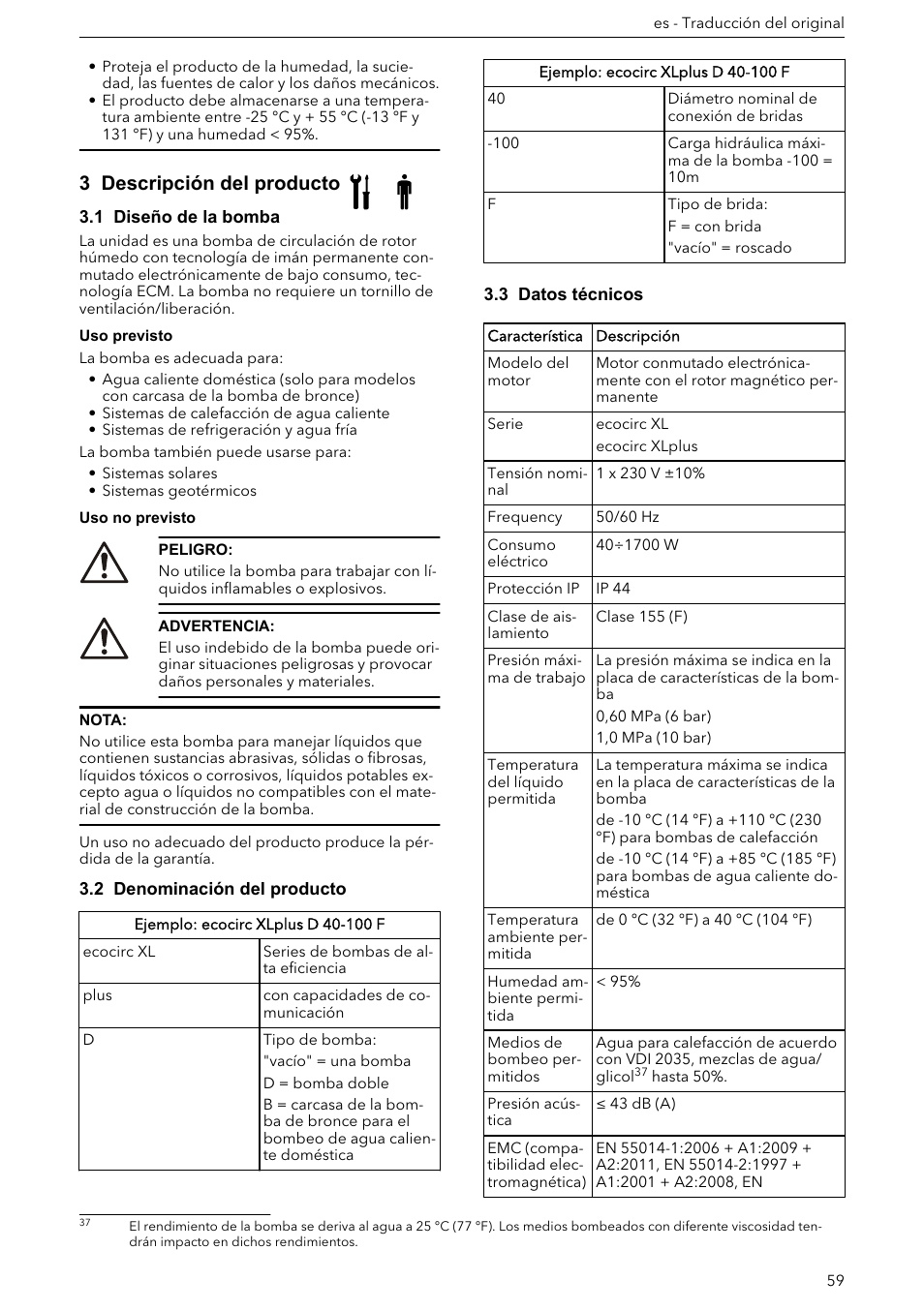 3 descripción del producto, 1 diseño de la bomba, 2 denominación del producto | 3 datos técnicos | Xylem ECOCIRC XL & XLplus User Manual | Page 59 / 404