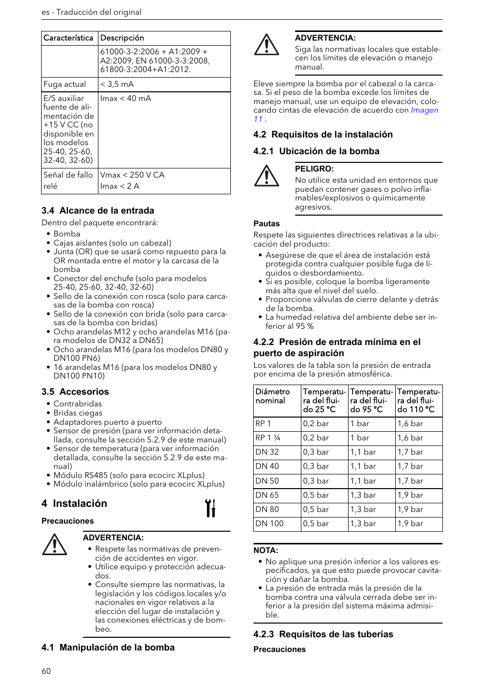 4 alcance de la entrada, 5 accesorios, 4 instalación | 1 manipulación de la bomba, 2 requisitos de la instalación, 1 ubicación de la bomba, 3 requisitos de las tuberías | Xylem ECOCIRC XL & XLplus User Manual | Page 60 / 404