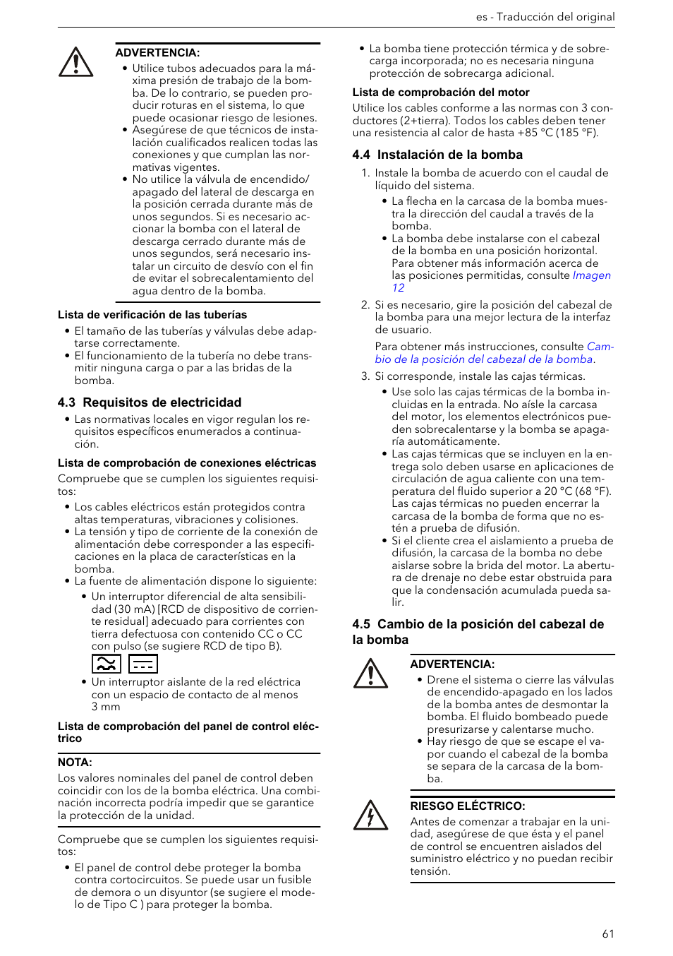 3 requisitos de electricidad, 4 instalación de la bomba, 5 cambio de la posición del cabezal de la bomba | Xylem ECOCIRC XL & XLplus User Manual | Page 61 / 404