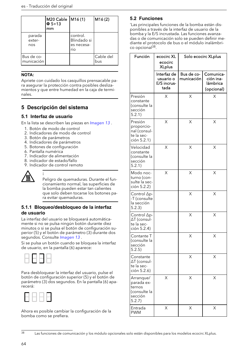 5 descripción del sistema, 1 interfaz de usuario, 1 bloqueo/desbloqueo de la interfaz de usuario | 2 funciones | Xylem ECOCIRC XL & XLplus User Manual | Page 64 / 404