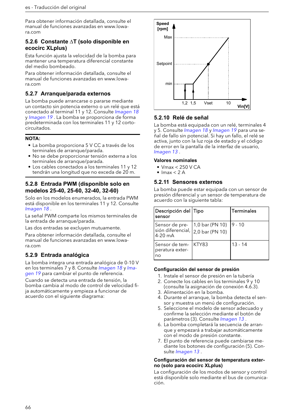 6 constante ∆t (solo disponible en ecocirc xlplus), 7 arranque/parada externos, 9 entrada analógica | 10 relé de señal, 11 sensores externos | Xylem ECOCIRC XL & XLplus User Manual | Page 66 / 404