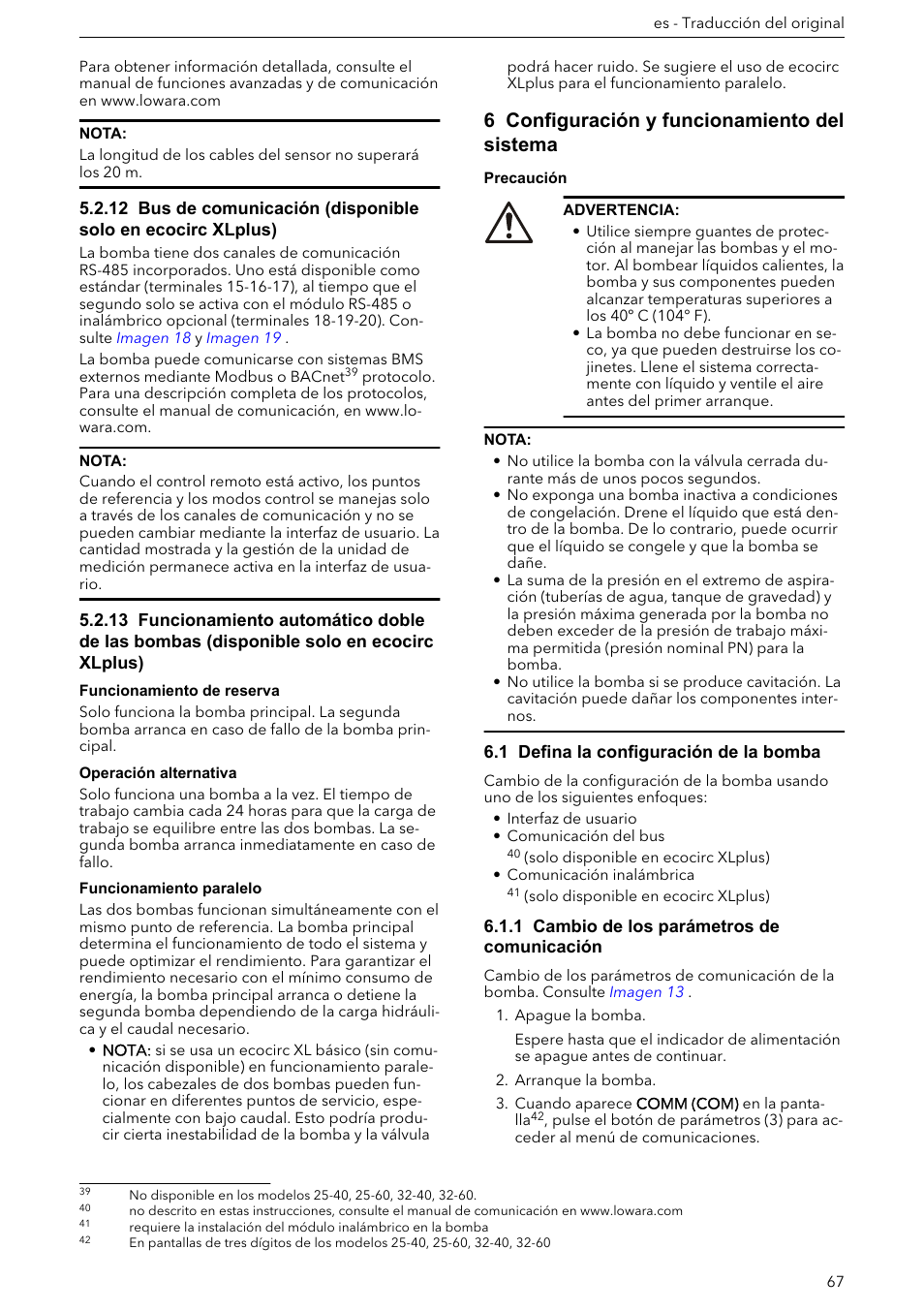 6 configuración y funcionamiento del sistema, 1 defina la configuración de la bomba, 1 cambio de los parámetros de comunicación | Xylem ECOCIRC XL & XLplus User Manual | Page 67 / 404