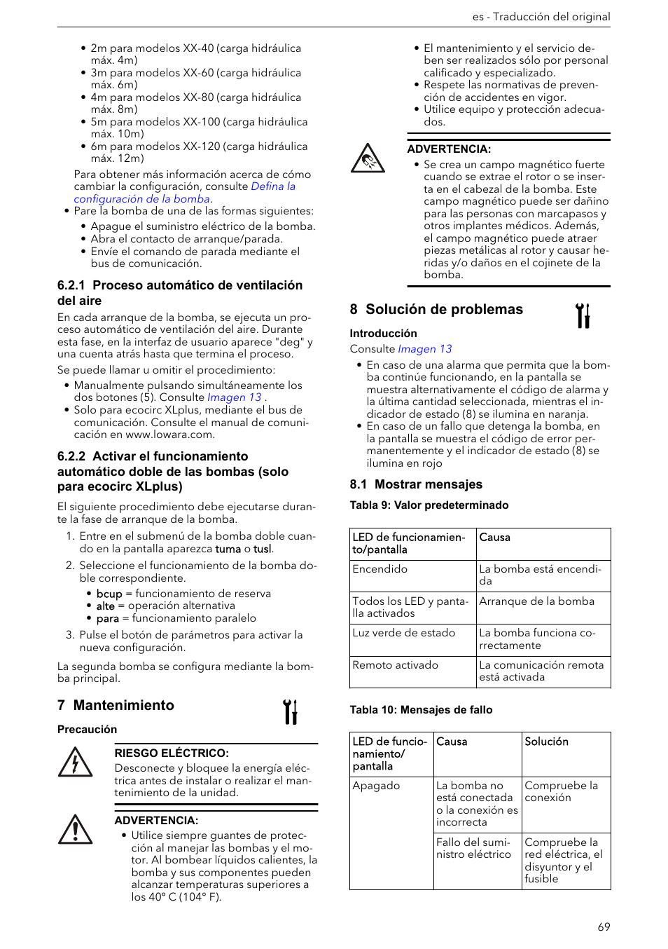 1 proceso automático de ventilación del aire, 7 mantenimiento, 8 solución de problemas | 1 mostrar mensajes | Xylem ECOCIRC XL & XLplus User Manual | Page 69 / 404