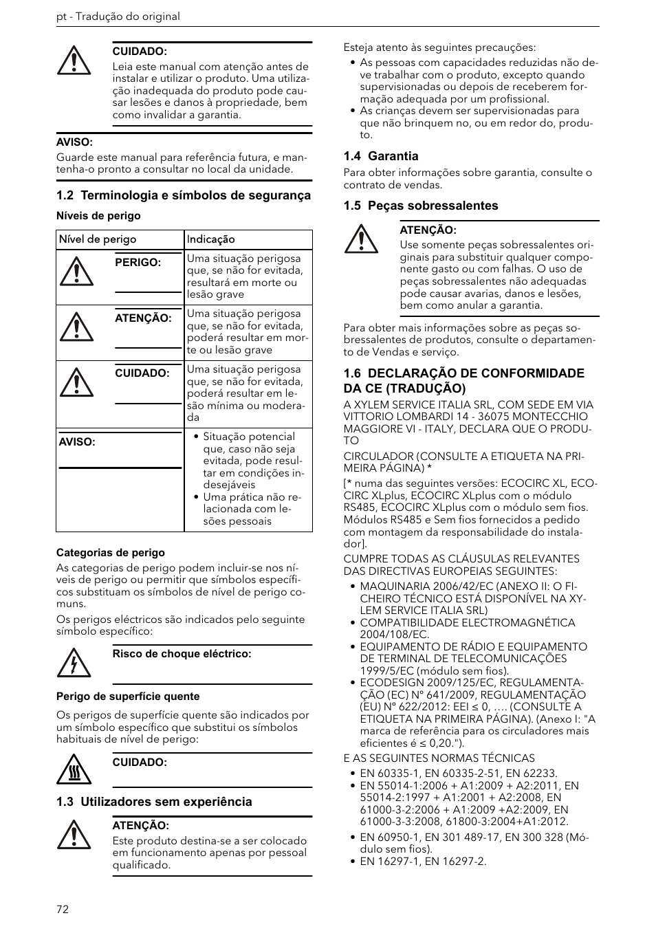 2 terminologia e símbolos de segurança, 3 utilizadores sem experiência, 4 garantia | 5 peças sobressalentes, 6 declaração de conformidade da ce (tradução) | Xylem ECOCIRC XL & XLplus User Manual | Page 72 / 404