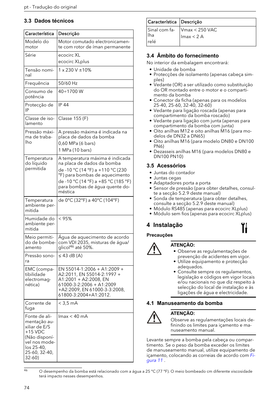 3 dados técnicos, 4 âmbito do fornecimento, 5 acessórios | 4 instalação, 1 manuseamento da bomba | Xylem ECOCIRC XL & XLplus User Manual | Page 74 / 404
