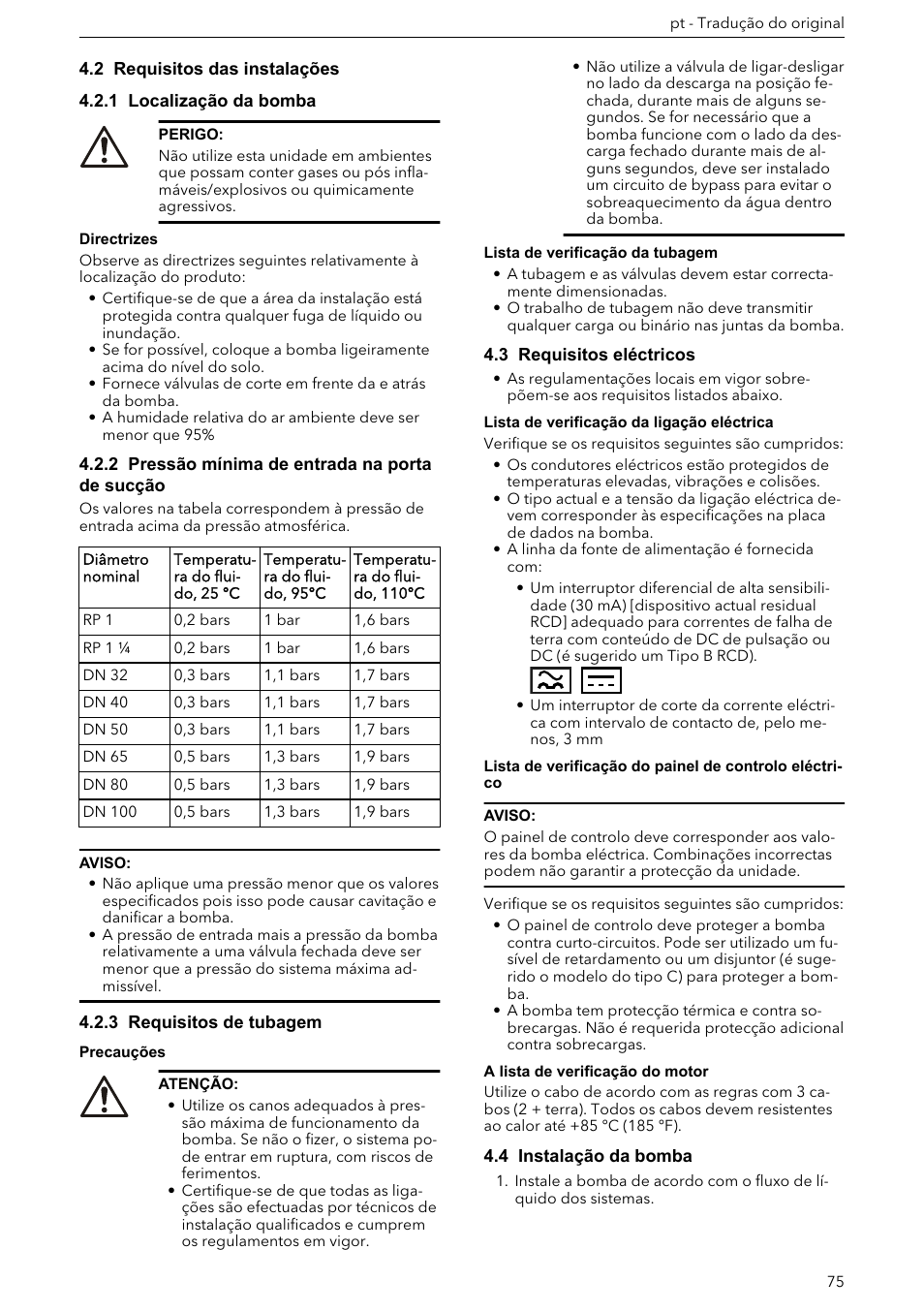 2 requisitos das instalações, 1 localização da bomba, 2 pressão mínima de entrada na porta de sucção | 3 requisitos de tubagem, 3 requisitos eléctricos, 4 instalação da bomba | Xylem ECOCIRC XL & XLplus User Manual | Page 75 / 404