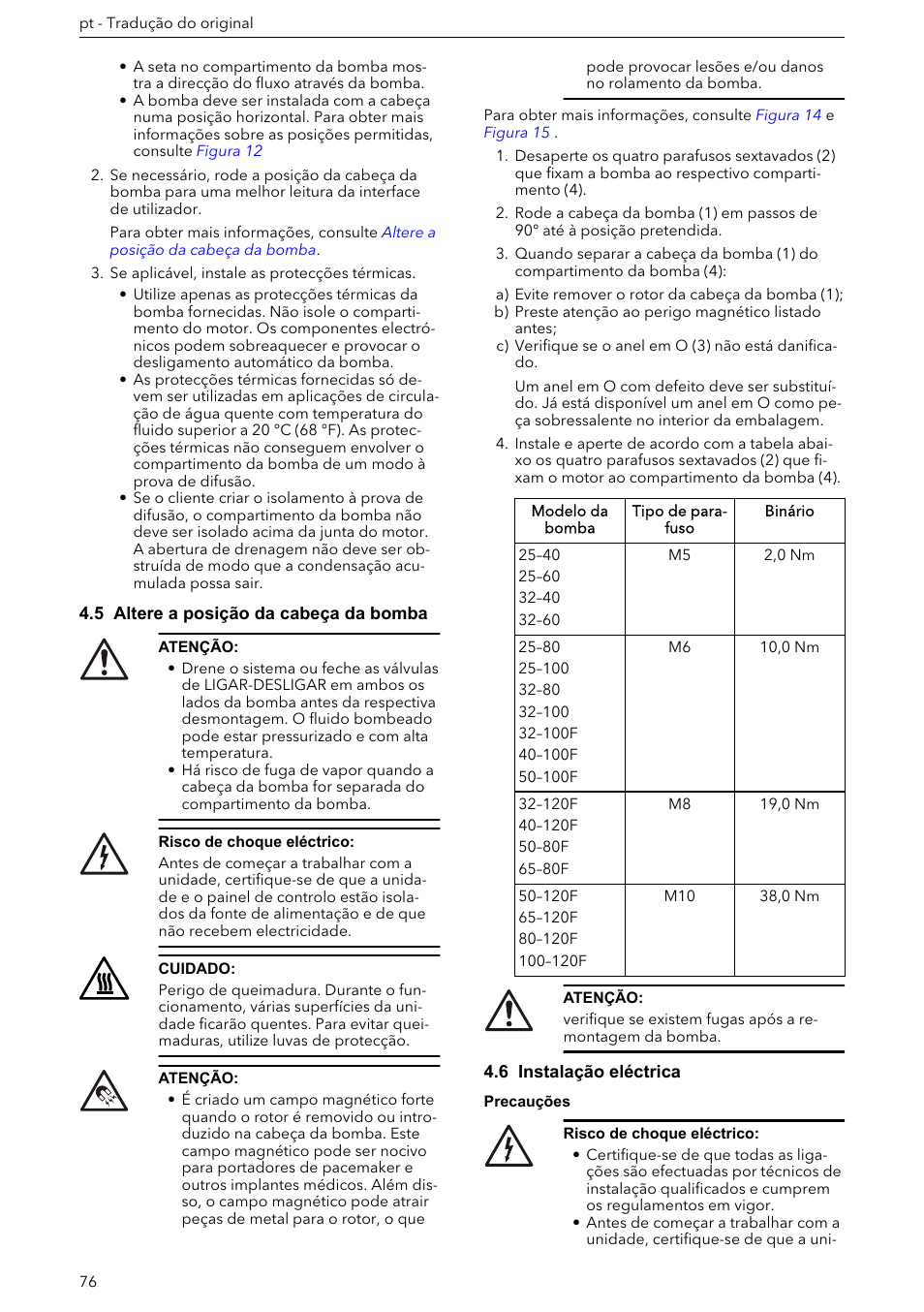 5 altere a posição da cabeça da bomba, 6 instalação eléctrica | Xylem ECOCIRC XL & XLplus User Manual | Page 76 / 404