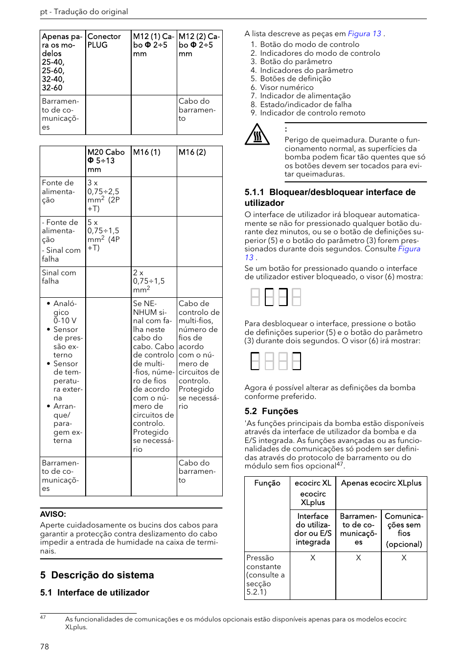 5 descrição do sistema, 1 interface de utilizador, 1 bloquear/desbloquear interface de utilizador | 2 funções | Xylem ECOCIRC XL & XLplus User Manual | Page 78 / 404