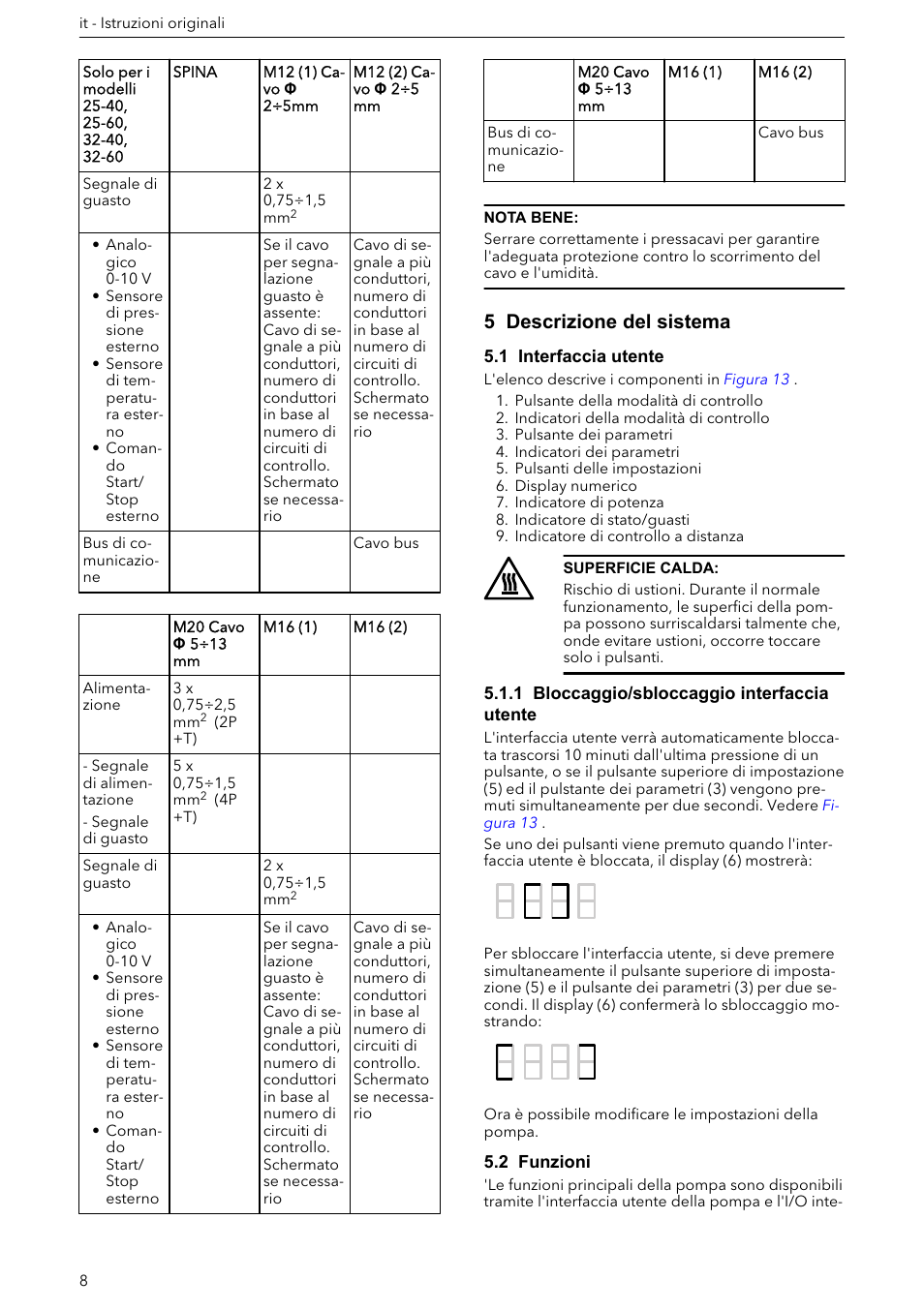 5 descrizione del sistema, 1 interfaccia utente, 1 bloccaggio/sbloccaggio interfaccia utente | 2 funzioni | Xylem ECOCIRC XL & XLplus User Manual | Page 8 / 404