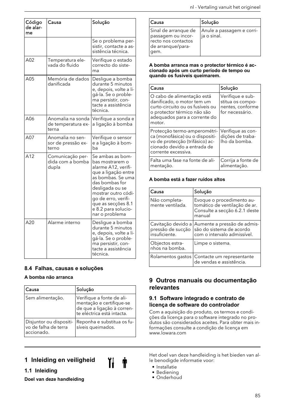 4 falhas, causas e soluções, 9 outros manuais ou documentação relevantes, 1 inleiding en veiligheid | 1 inleiding | Xylem ECOCIRC XL & XLplus User Manual | Page 85 / 404