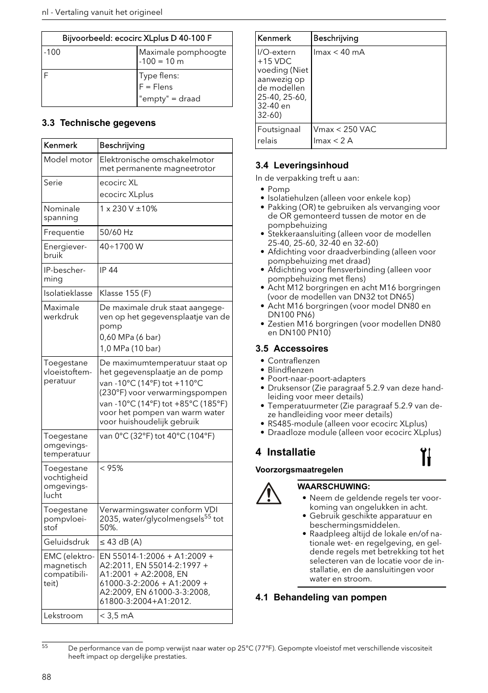 3 technische gegevens, 4 leveringsinhoud, 5 accessoires | 4 installatie, 1 behandeling van pompen | Xylem ECOCIRC XL & XLplus User Manual | Page 88 / 404