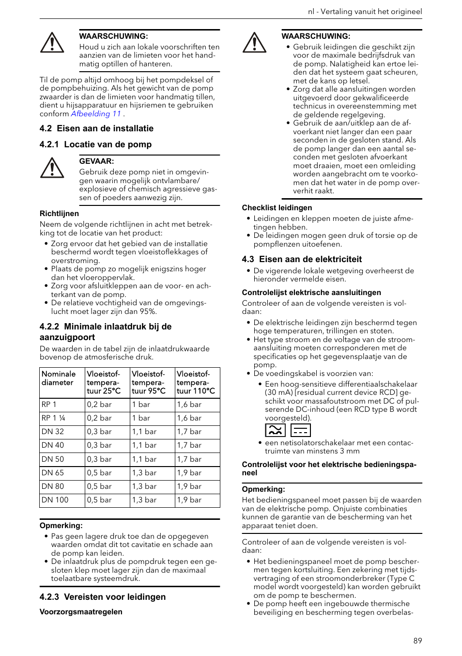 2 eisen aan de installatie, 1 locatie van de pomp, 2 minimale inlaatdruk bij de aanzuigpoort | 3 vereisten voor leidingen, 3 eisen aan de elektriciteit | Xylem ECOCIRC XL & XLplus User Manual | Page 89 / 404