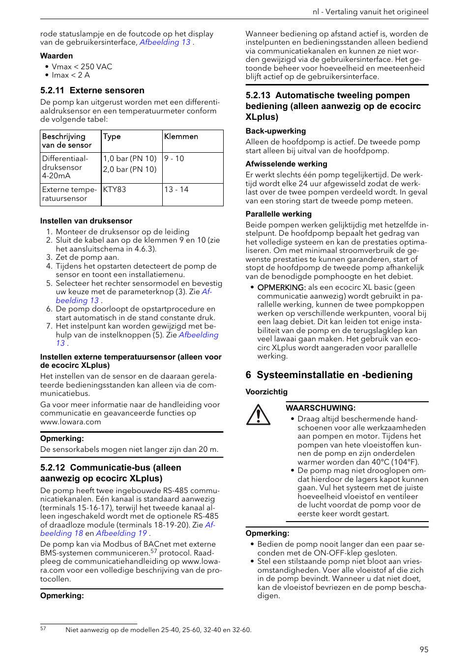 11 externe sensoren, 6 systeeminstallatie en -bediening | Xylem ECOCIRC XL & XLplus User Manual | Page 95 / 404