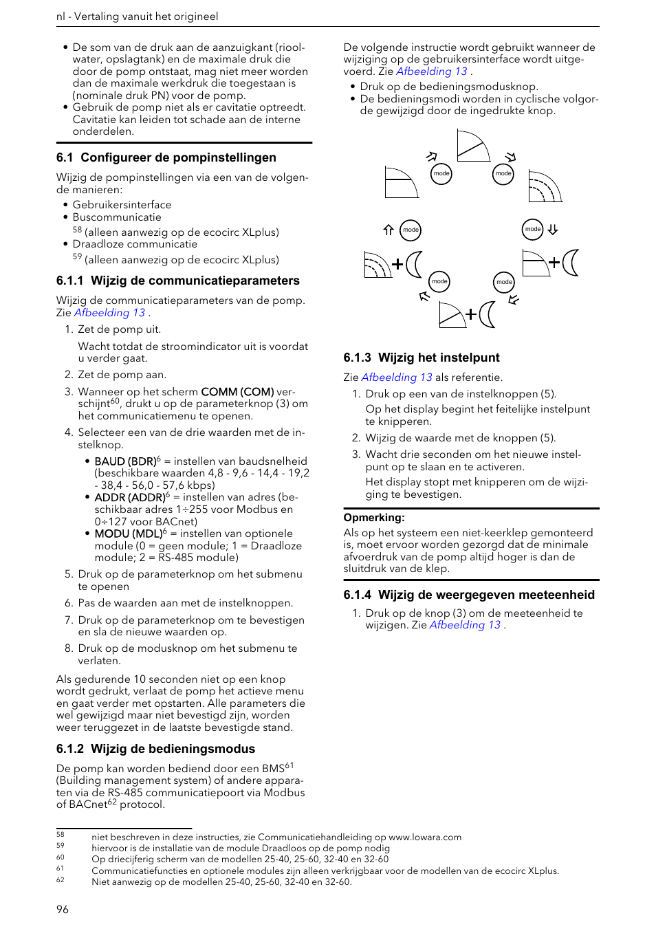 1 configureer de pompinstellingen, 1 wijzig de communicatieparameters, 2 wijzig de bedieningsmodus | 3 wijzig het instelpunt, 4 wijzig de weergegeven meeteenheid | Xylem ECOCIRC XL & XLplus User Manual | Page 96 / 404