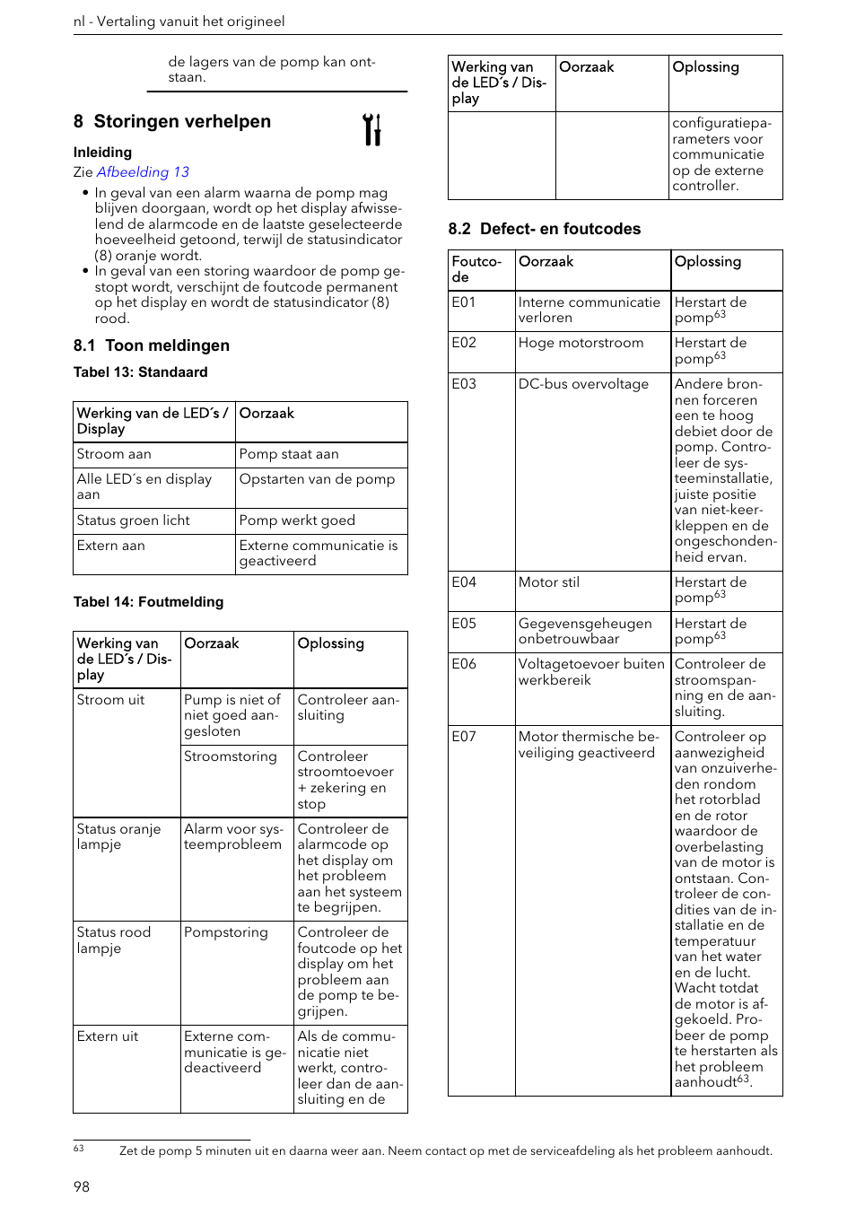 8 storingen verhelpen, 1 toon meldingen, 2 defect- en foutcodes | Xylem ECOCIRC XL & XLplus User Manual | Page 98 / 404