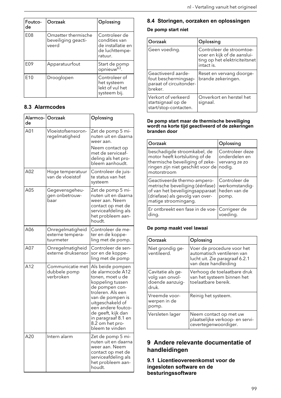 3 alarmcodes, 4 storingen, oorzaken en oplossingen, 9 andere relevante documentatie of handleidingen | Xylem ECOCIRC XL & XLplus User Manual | Page 99 / 404