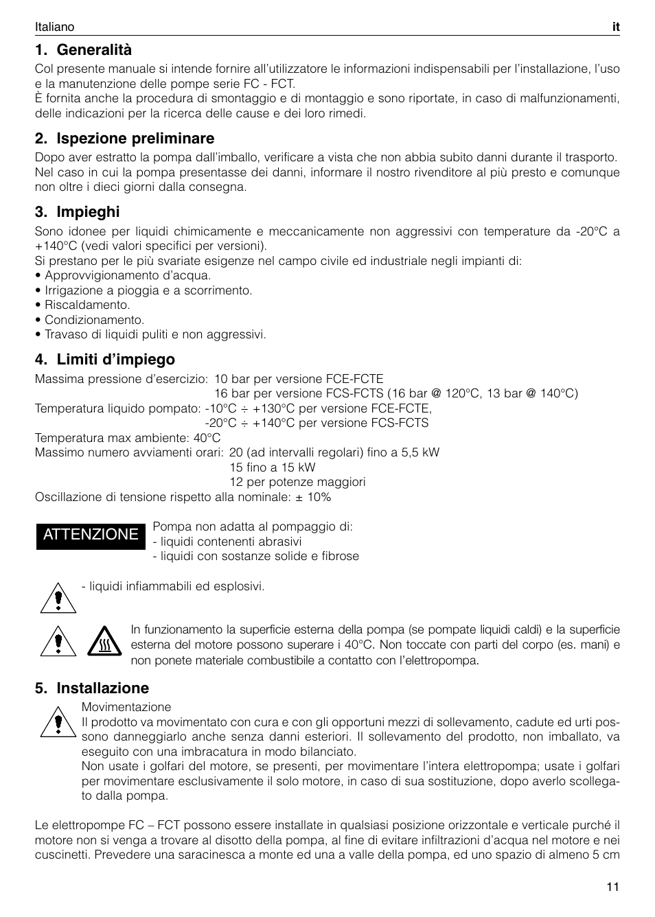 Generalità, Ispezione preliminare, Impieghi | Limiti dʼimpiego, Installazione, Attenzione | Xylem FC FCT (Single & Twin Version) User Manual | Page 11 / 80
