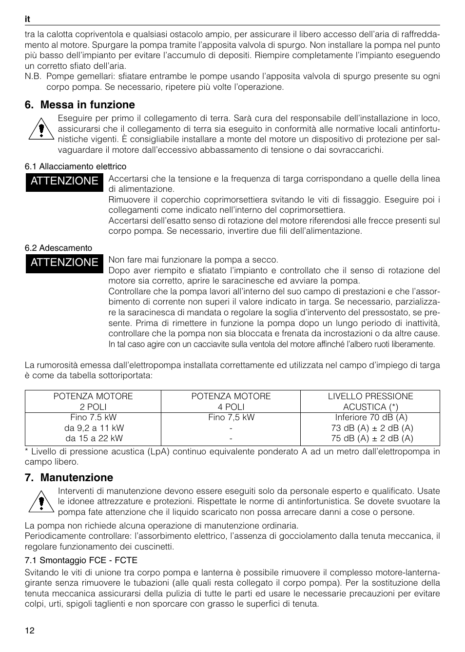 Messa in funzione, Manutenzione, Attenzione | Xylem FC FCT (Single & Twin Version) User Manual | Page 12 / 80