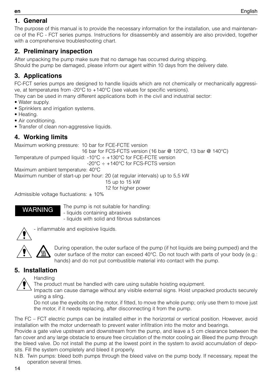 General, Preliminary inspection, Applications | Working limits, Installation, Warning | Xylem FC FCT (Single & Twin Version) User Manual | Page 14 / 80