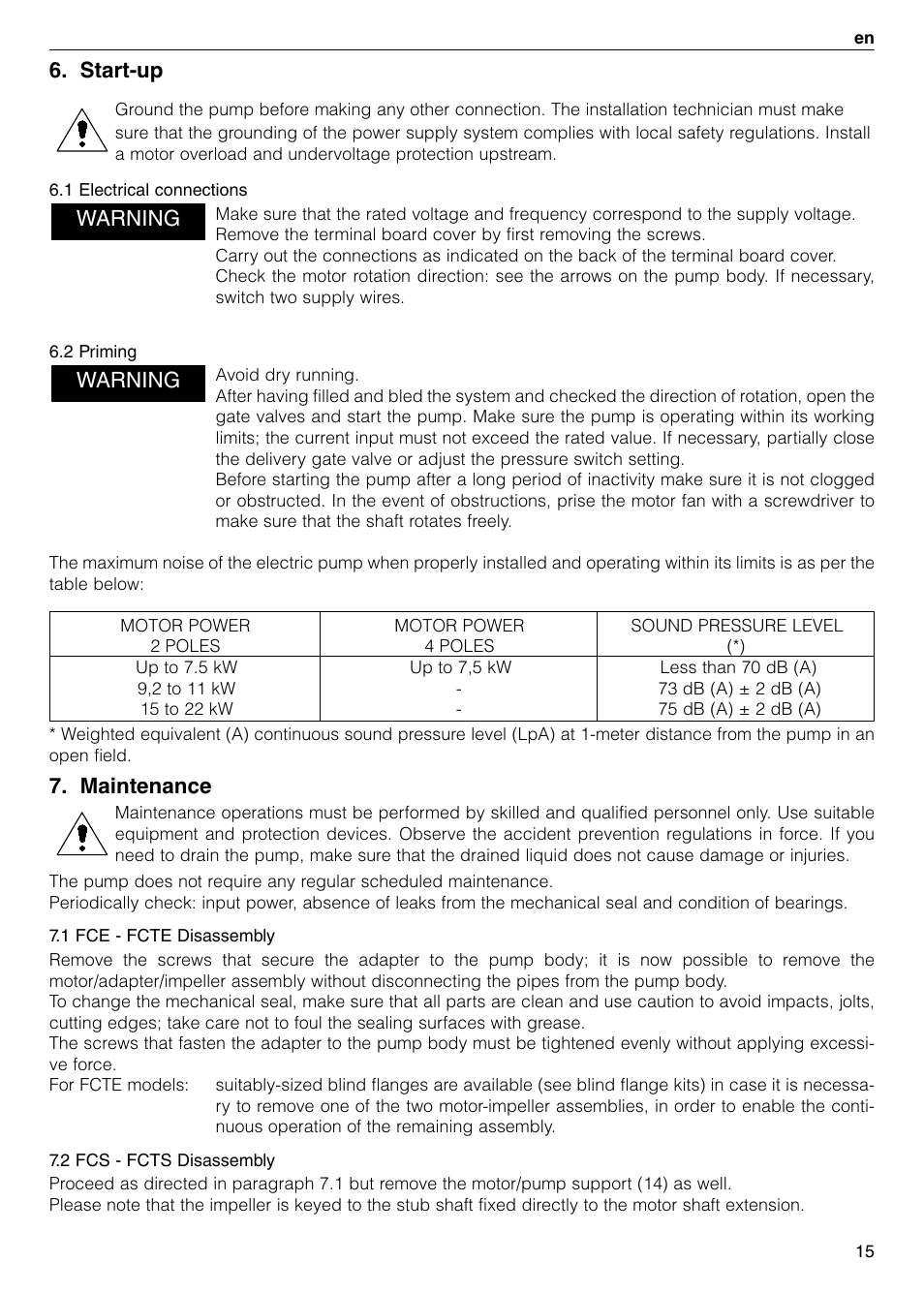 Start-up, Maintenance, Warning | Xylem FC FCT (Single & Twin Version) User Manual | Page 15 / 80
