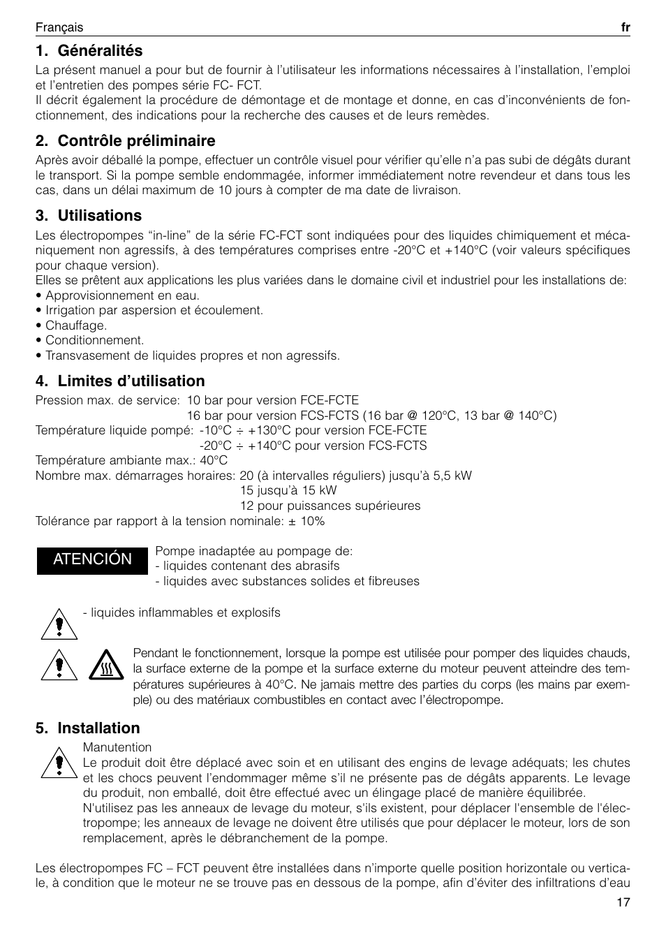 Généralités, Contrôle préliminaire, Utilisations | Limites dʼutilisation, Installation, Atención | Xylem FC FCT (Single & Twin Version) User Manual | Page 17 / 80