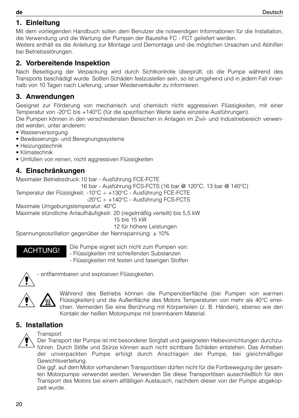 Einleitung, Vorbereitende inspektion, Anwendungen | Einschränkungen, Installation, Achtung | Xylem FC FCT (Single & Twin Version) User Manual | Page 20 / 80