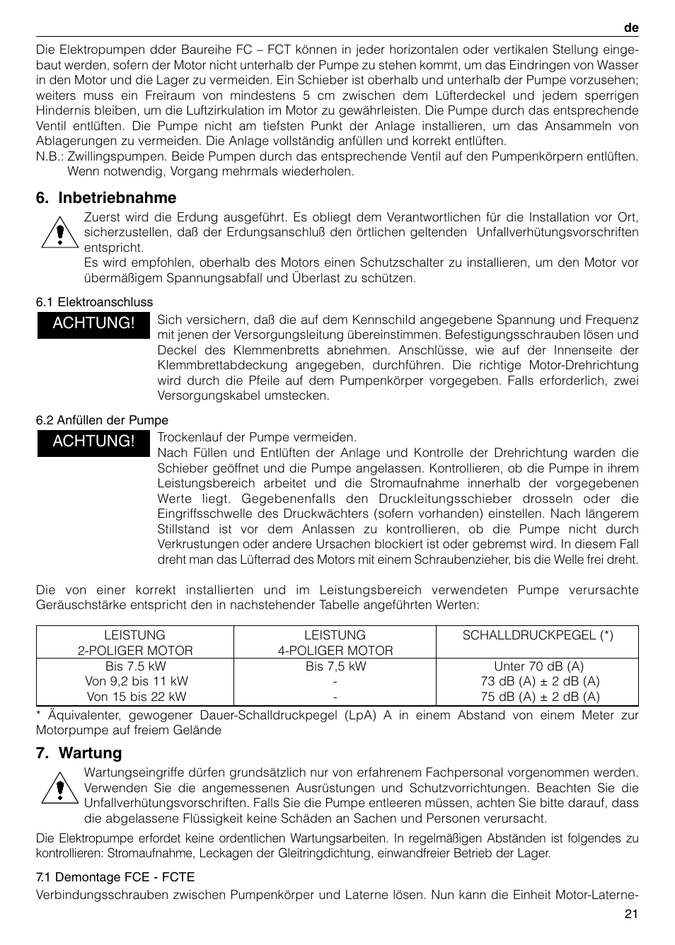 Inbetriebnahme, Wartung, Achtung | Xylem FC FCT (Single & Twin Version) User Manual | Page 21 / 80