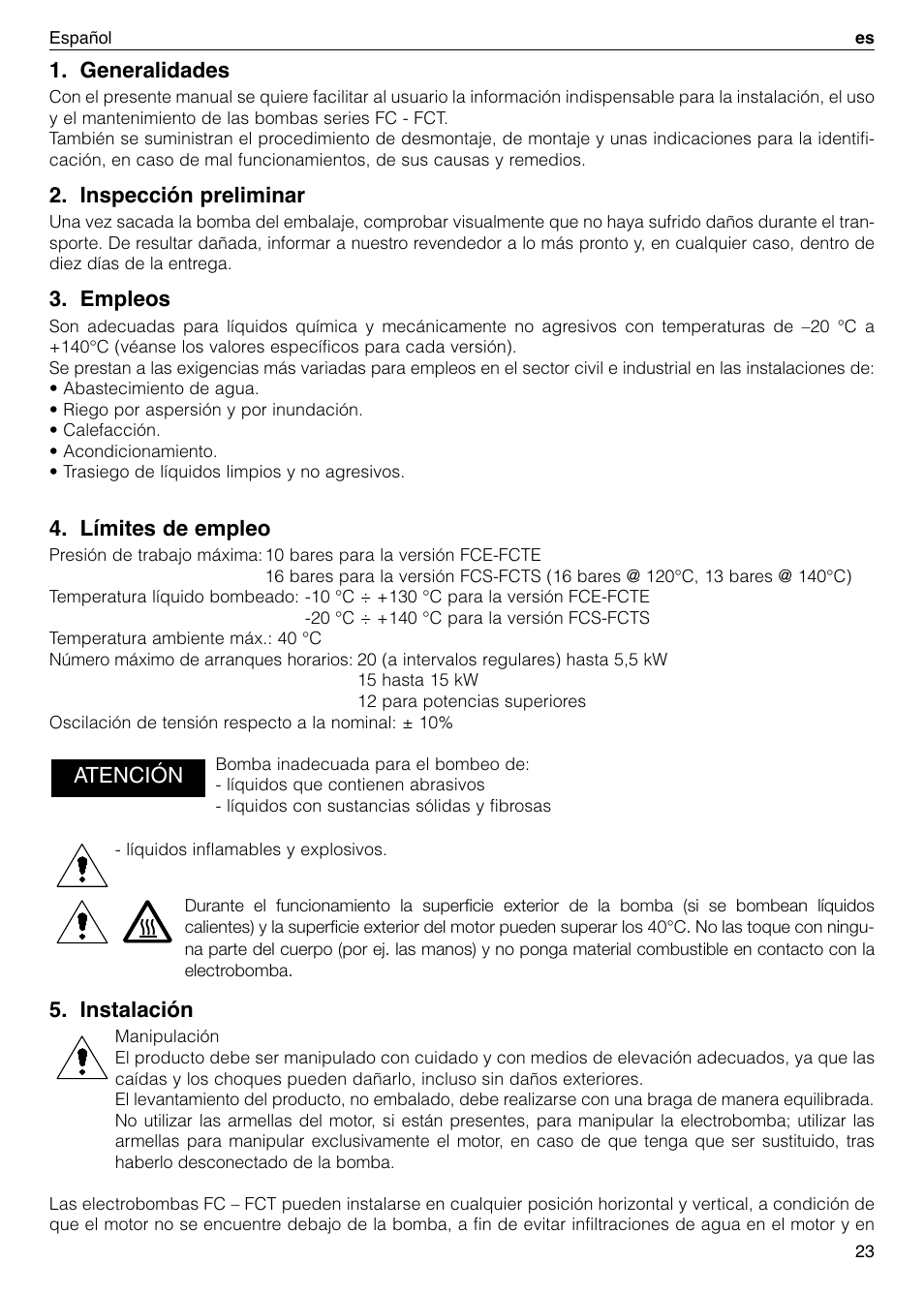 Generalidades, Inspección preliminar, Empleos | Límites de empleo, Instalación, Atención | Xylem FC FCT (Single & Twin Version) User Manual | Page 23 / 80